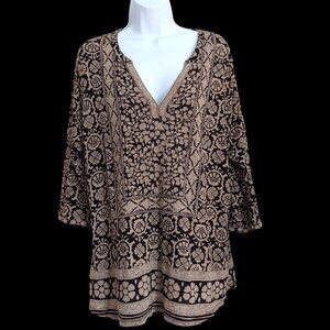 Lucky Brand 3/4 Sleeve V-Neck Black/Tan Bohemian Soft 1X